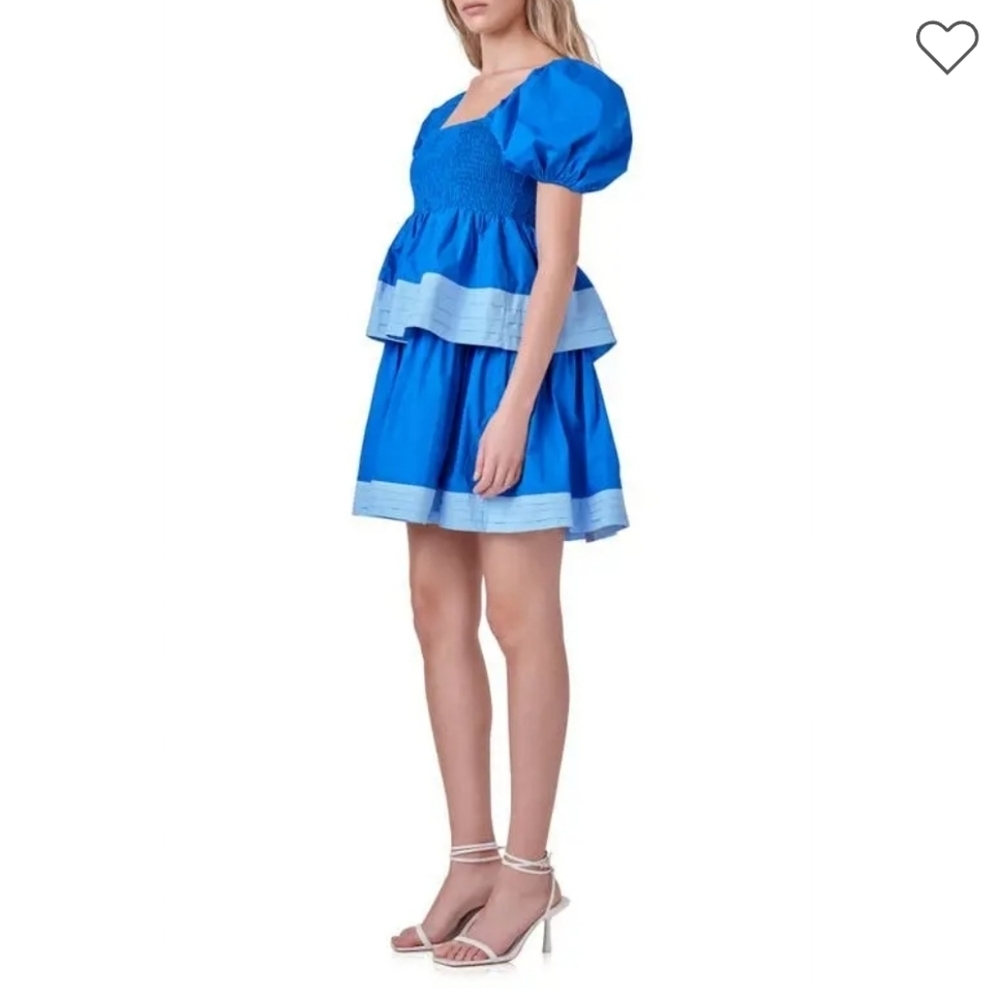 NWT English Factory Blue Puff Sleeve Tiered Smocked Mini dress size Large.